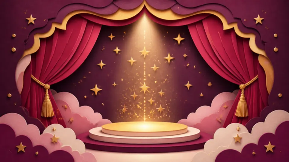 Paper-cut illustration of a little theater stage with red curtains, a spotlight and golden stars
