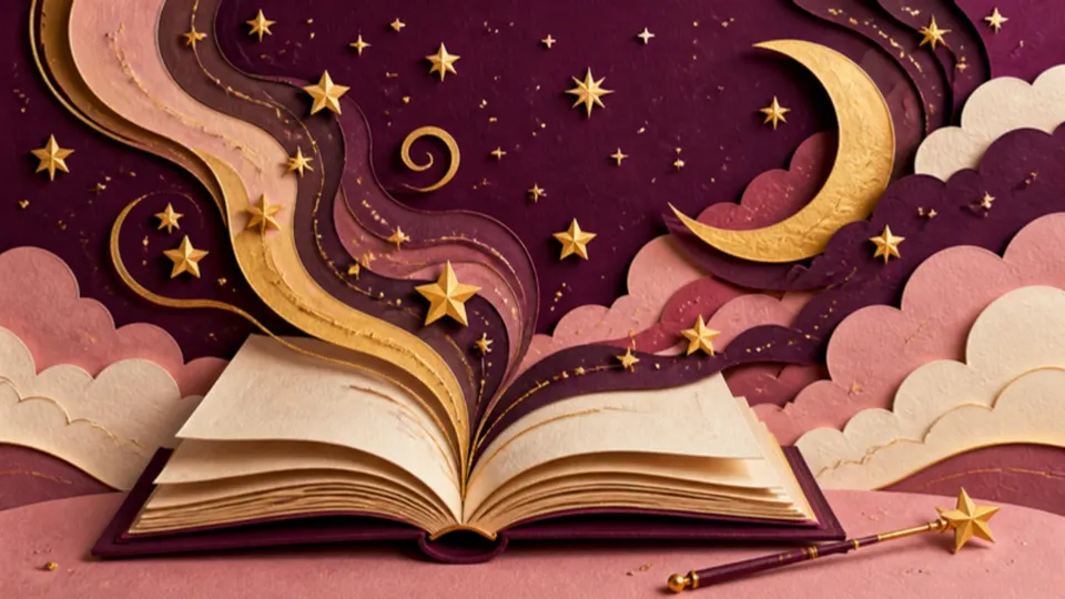 Paper-cut illustration of an open storybook with golden stars and sparkles rising into a moonlit sky