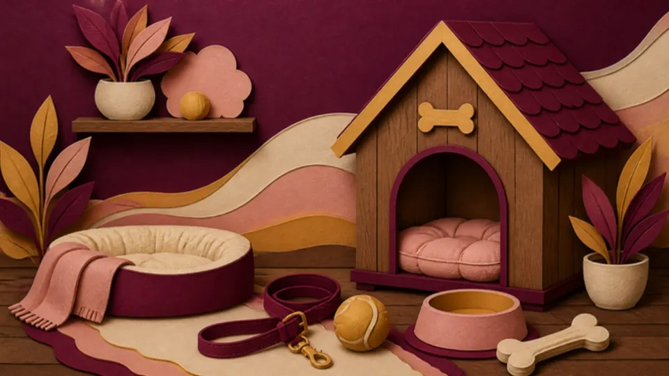 Paper-cut illustration of a dog house, leash, bowl, ball and chew bone