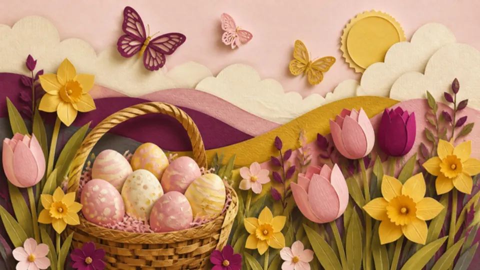 Paper-cut illustration of a basket of pastel decorated eggs in a spring meadow with daffodils and tulips
