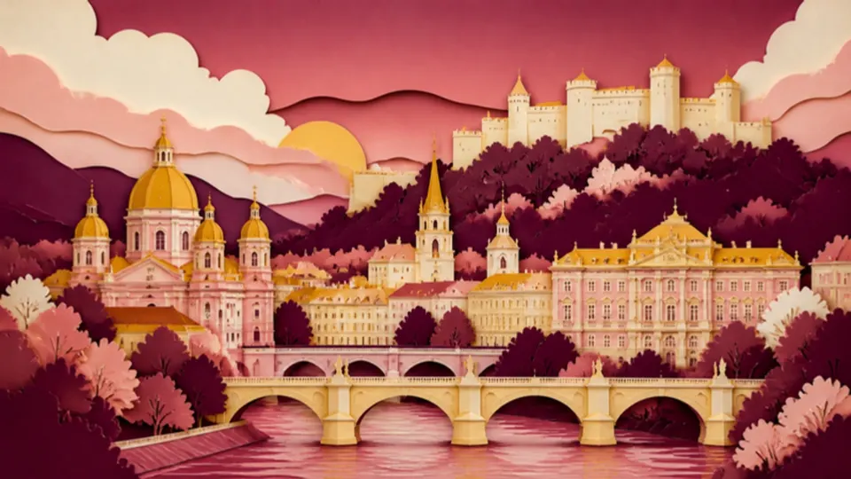 Paper-cut illustration of a European city with domed churches, a hilltop castle and a river bridge
