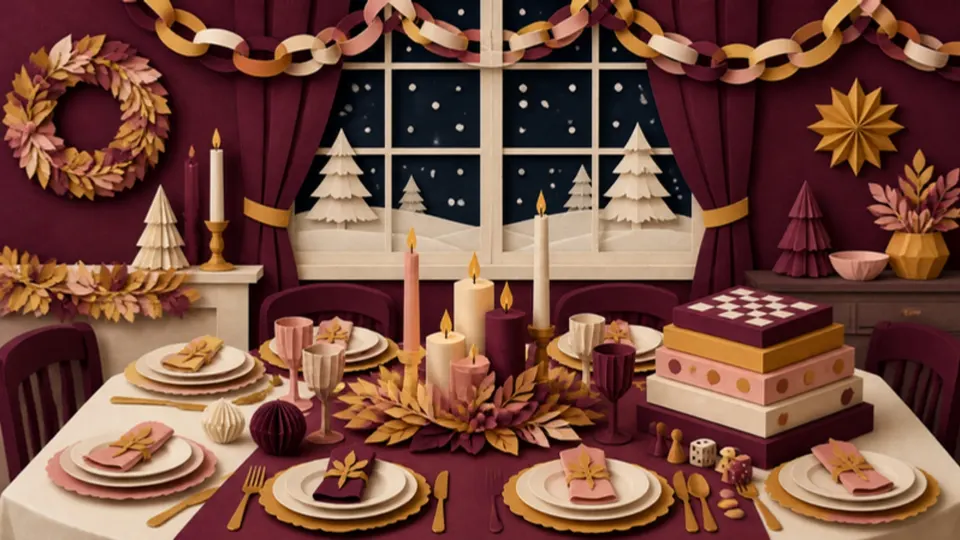 Paper-cut illustration of a festive family dinner table with candles, paper chains and board games