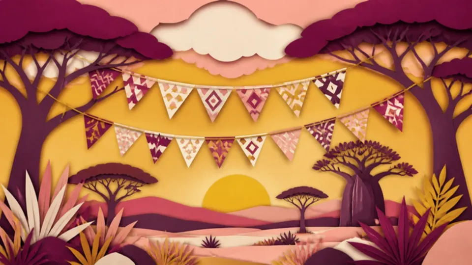 Paper-cut illustration of patterned bunting strung between acacia and baobab trees at sunset