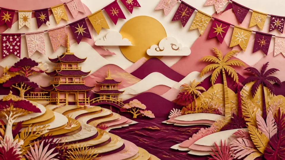 Paper-cut illustration of patterned bunting above pagodas, rice terraces and palm trees