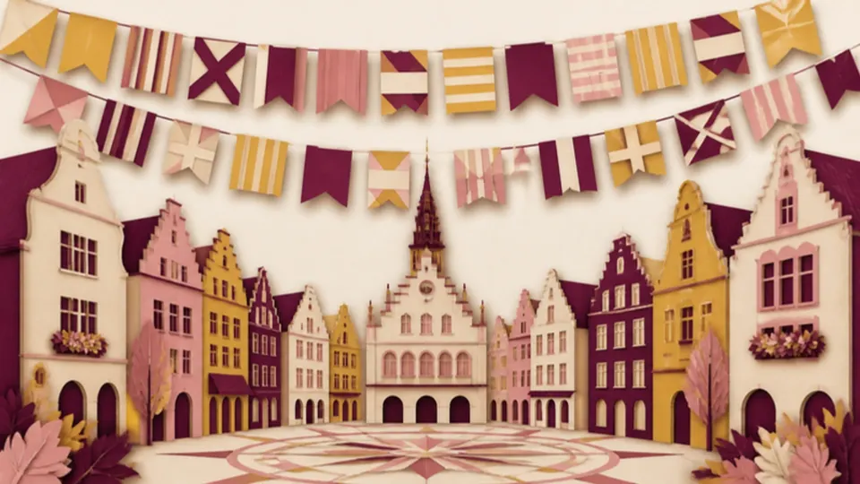 Paper-cut illustration of patterned flags strung above an old-town square