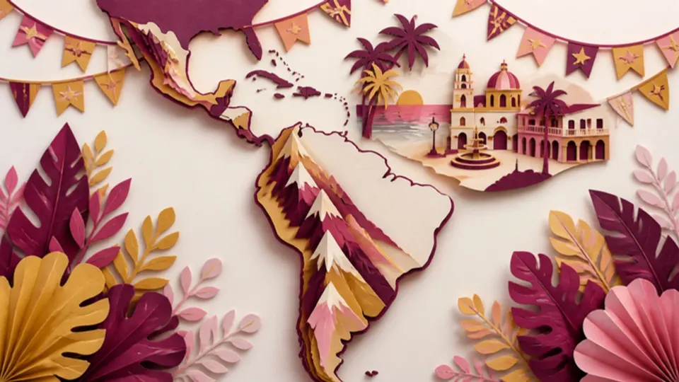 Paper-cut illustration of bunting above a map of the Americas with mountains and a colonial church