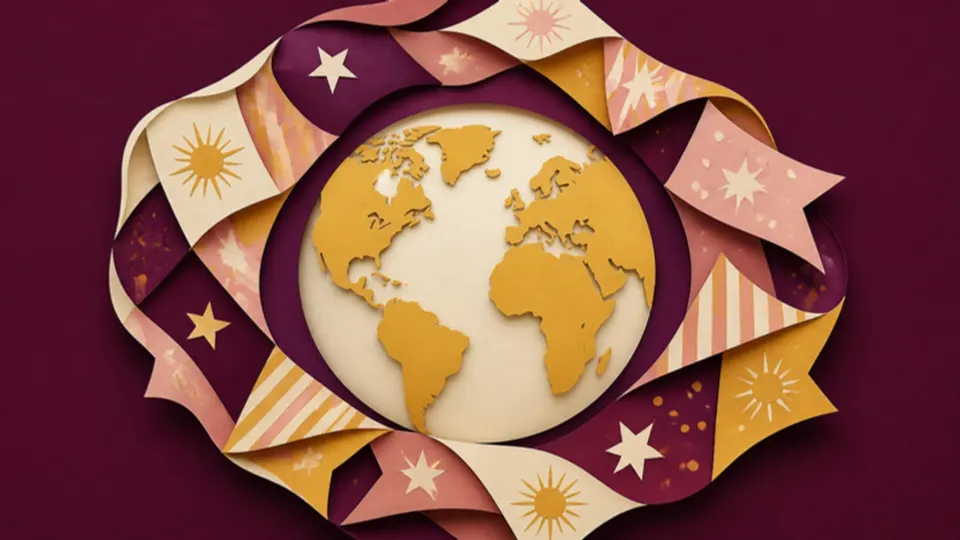 Paper-cut illustration of a globe circled by a ribbon of patterned pennants