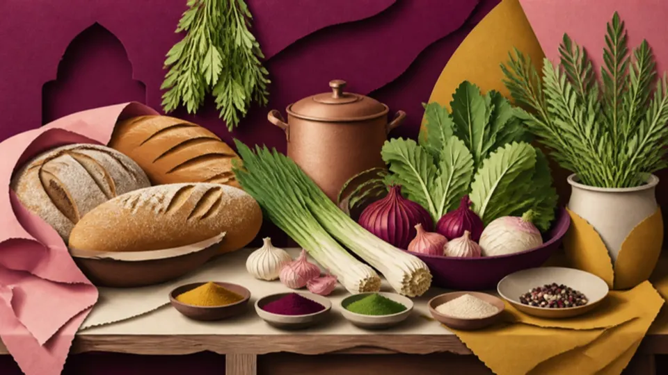 Paper-cut illustration of a market table with bread, vegetables, herbs, spices and a copper pot