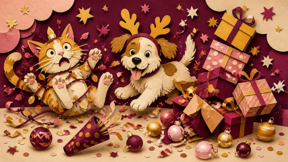 Paper-cut illustration of a cat tangled in Christmas lights and a puppy in felt antlers among toppling presents