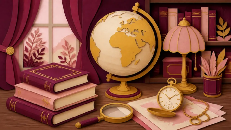 Paper-cut illustration of a study with a globe, stacked books, a magnifying glass and a pocket watch