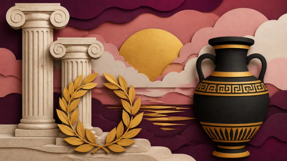Paper-cut illustration of marble columns, a laurel wreath and an ancient Greek amphora at sunset
