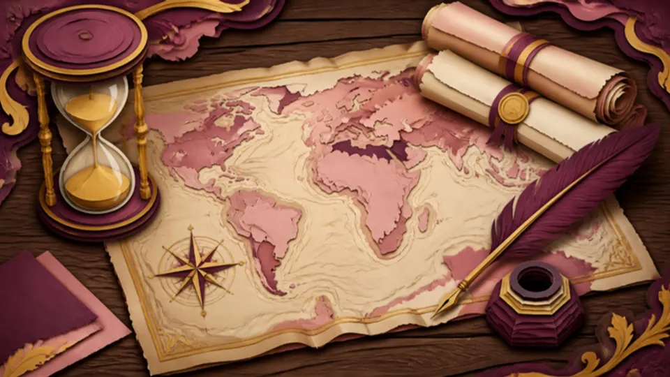 Paper-cut illustration of an antique map, an hourglass, a quill and scrolls on an old desk