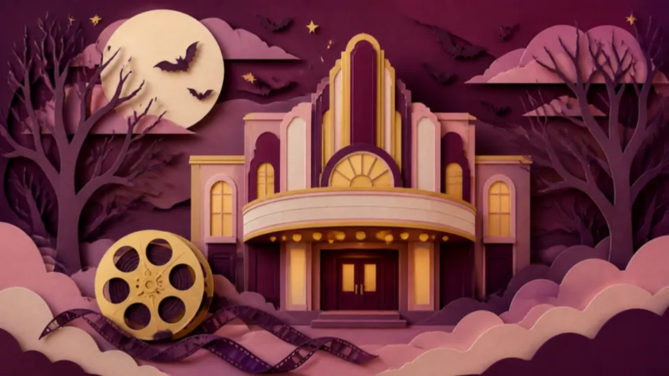 Paper-cut illustration of an old movie theater under a full moon with bats, bare trees and a film reel