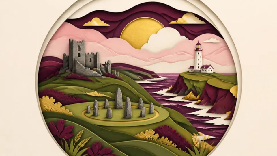 Paper-cut illustration of green hills with a ruined castle, a stone circle and a lighthouse by the sea