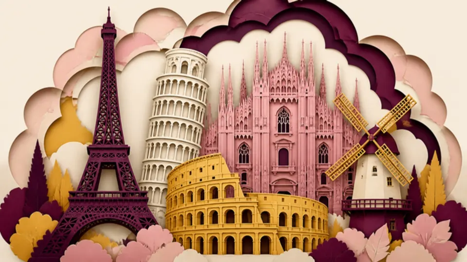 Paper-cut illustration of European landmarks including a lattice tower, a leaning tower and an amphitheater
