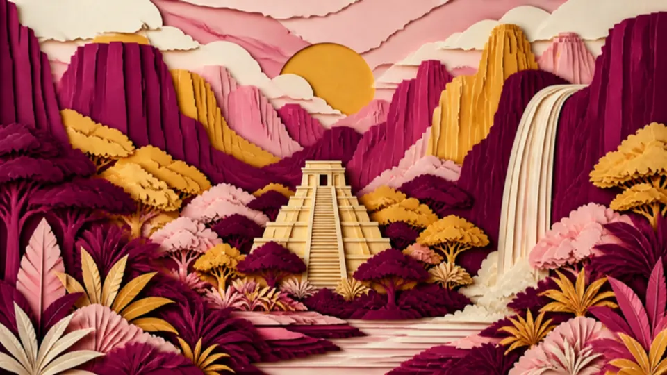 Paper-cut illustration of a stepped stone pyramid in the jungle beside canyons and a waterfall
