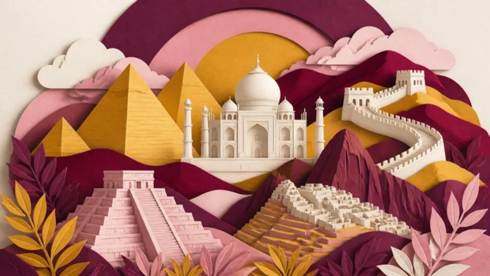 Paper-cut illustration of world wonders including pyramids, a marble mausoleum and a great wall
