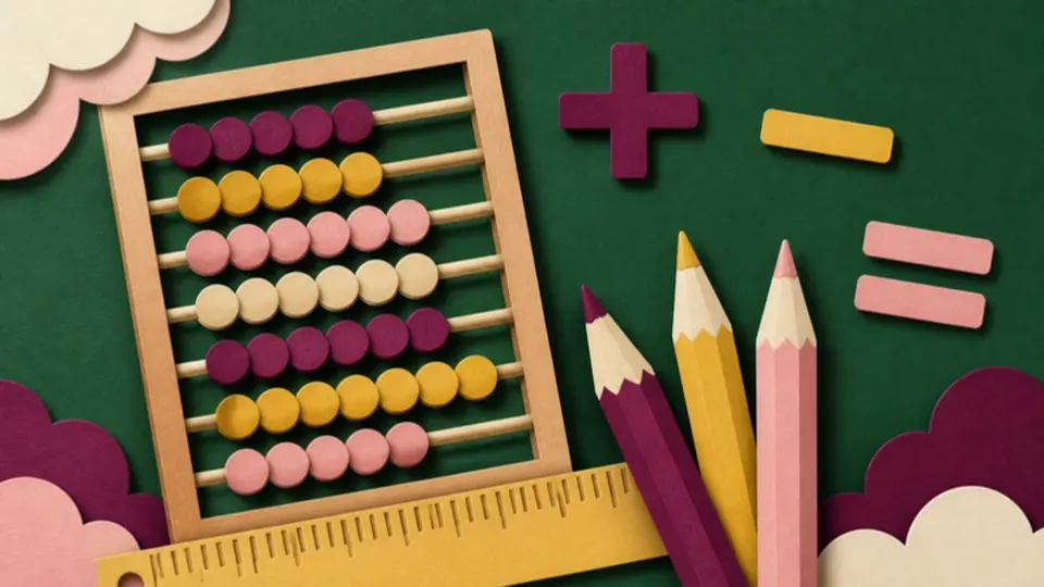 Paper-cut illustration of an abacus, a ruler, pencils and plus, minus and equals signs on a green board