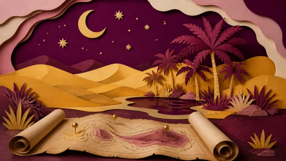 Paper-cut illustration of desert dunes, an oasis with palm trees and an old unrolled map