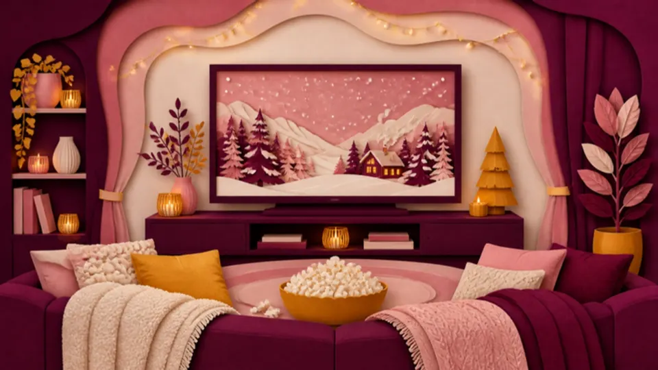 Paper-cut illustration of a cosy sofa, popcorn and a TV showing a snowy scene