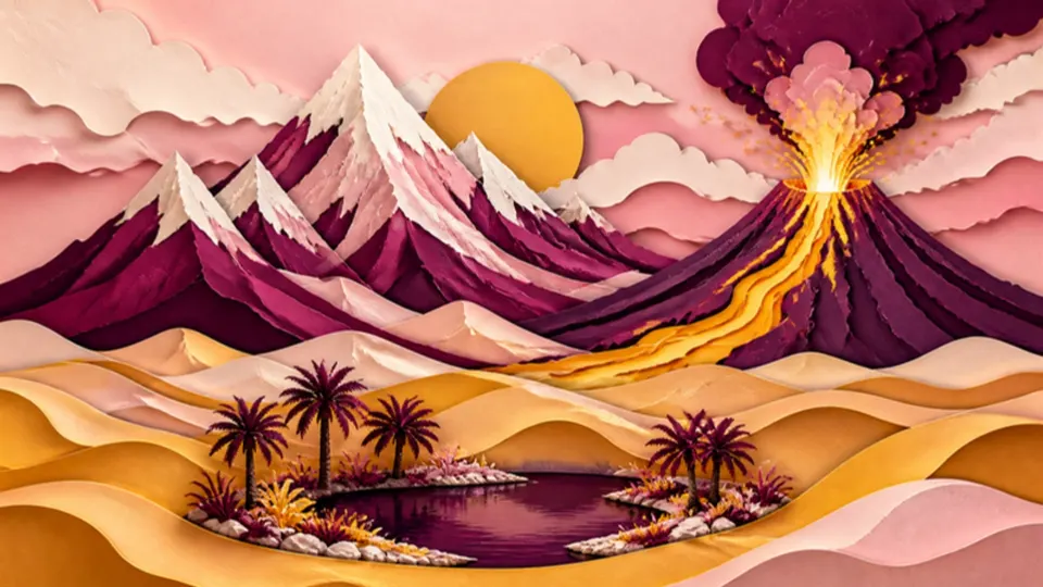 Paper-cut illustration of snowy mountains, an erupting volcano and desert dunes with an oasis
