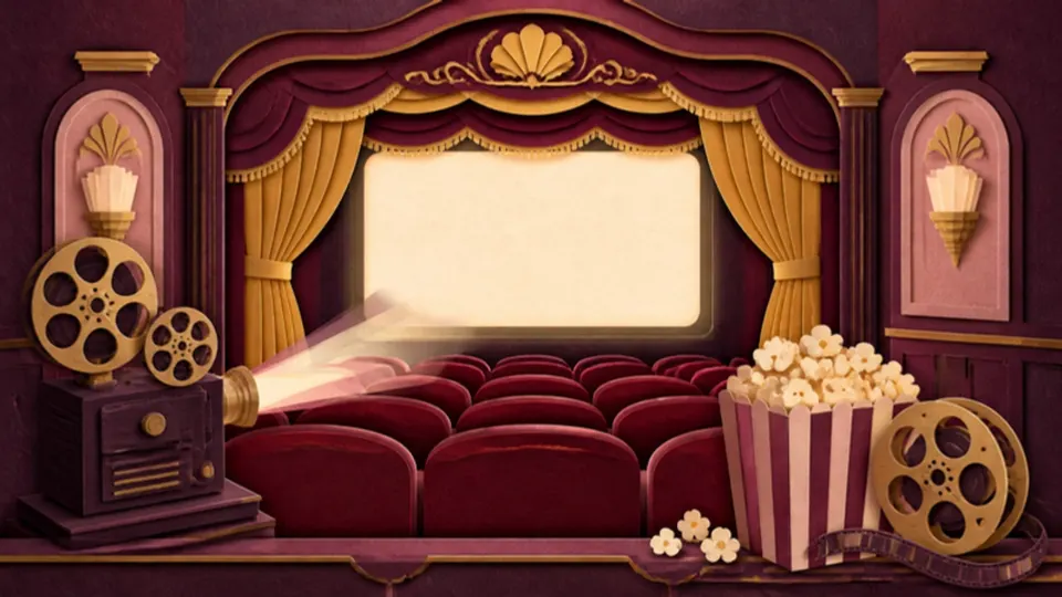 Paper-cut illustration of a vintage movie theater with red seats, gold curtains, a projector and popcorn