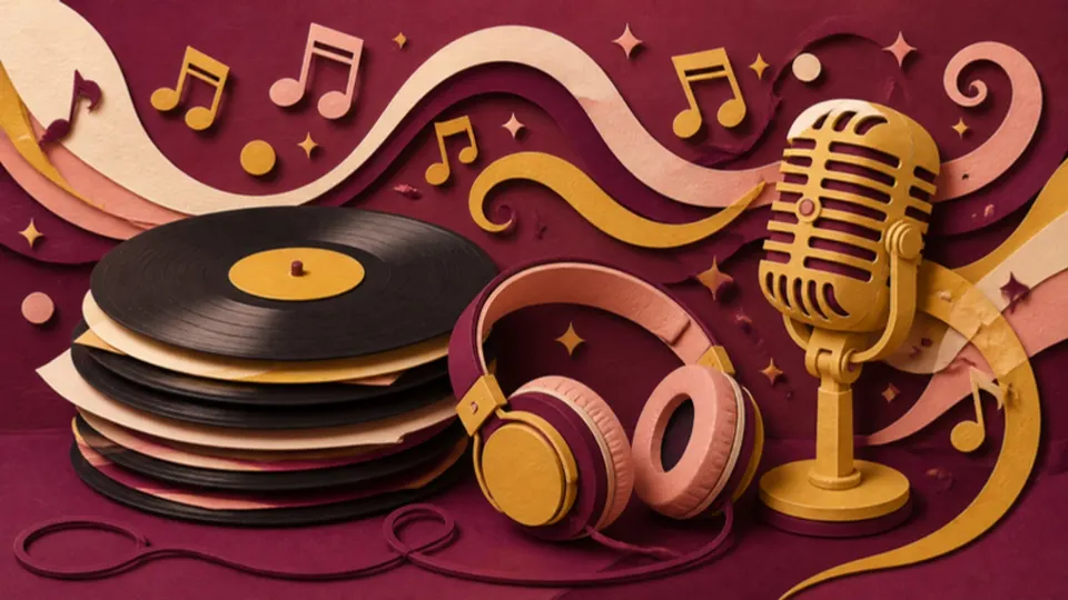 Paper-cut illustration of vinyl records, headphones and a vintage microphone with floating musical notes