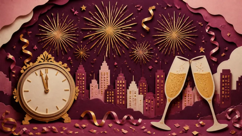 Paper-cut illustration of fireworks over a city skyline with a clock near midnight and champagne glasses