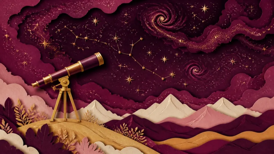 Paper-cut illustration of a telescope on a hilltop under a starry night sky with galaxies