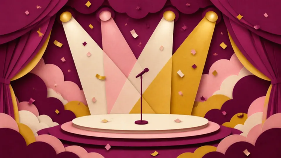 Paper-cut illustration of a concert stage with colored spotlights, a microphone and confetti