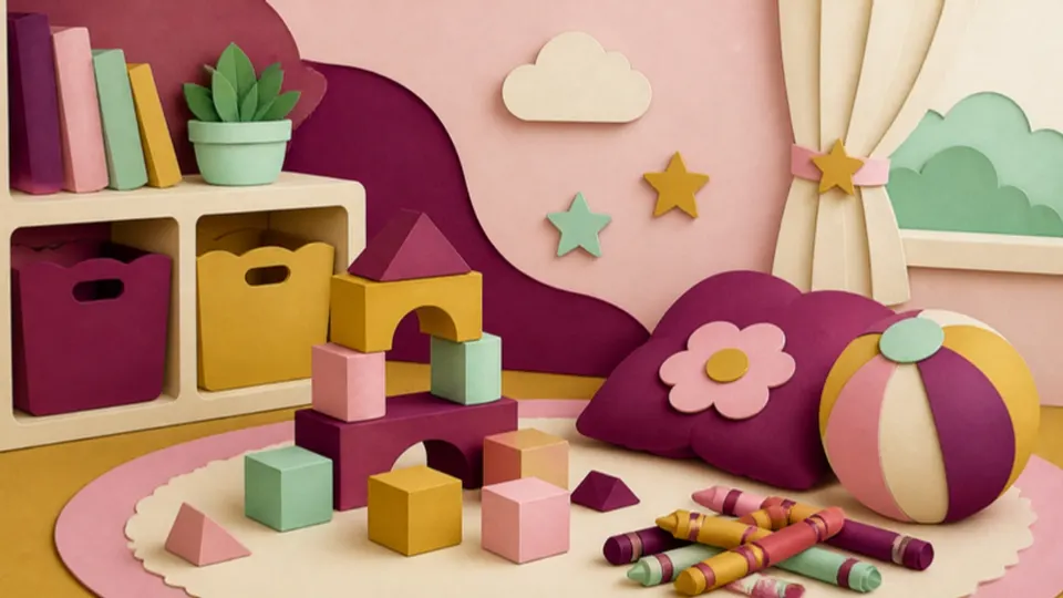 Paper-cut illustration of a playroom with toy building blocks, crayons, a cushion and a ball