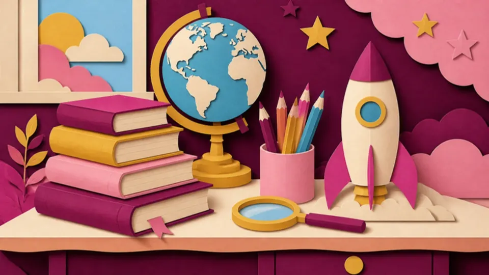 Paper-cut illustration of a school desk with books, a globe, colored pencils and a toy rocket