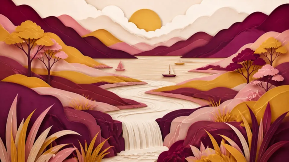 Paper-cut illustration of a river winding past a waterfall into a lake with small boats