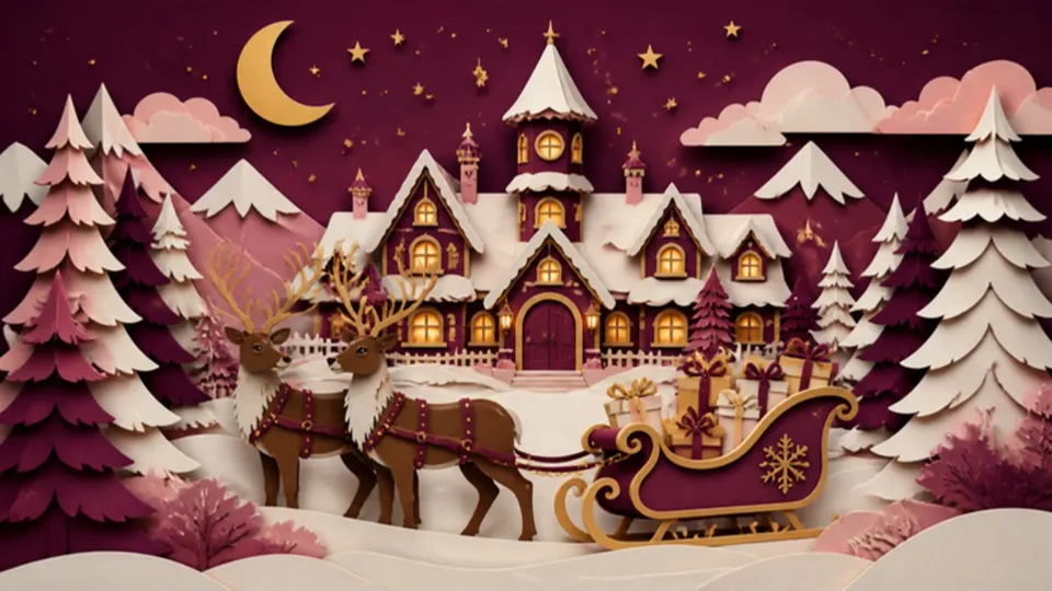 Paper-cut illustration of reindeer and a sleigh full of presents outside a snowy workshop
