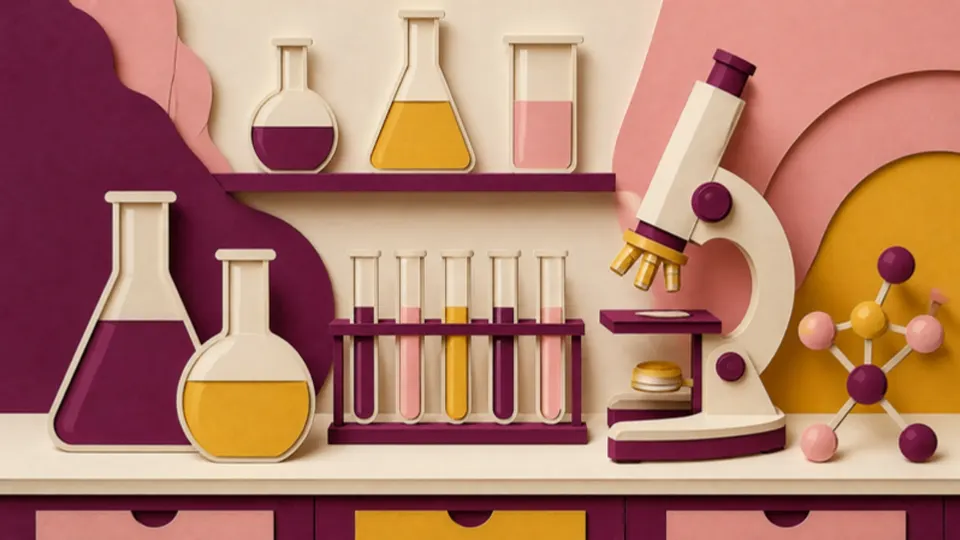 Paper-cut illustration of a lab bench with flasks, test tubes, a microscope and a molecule model