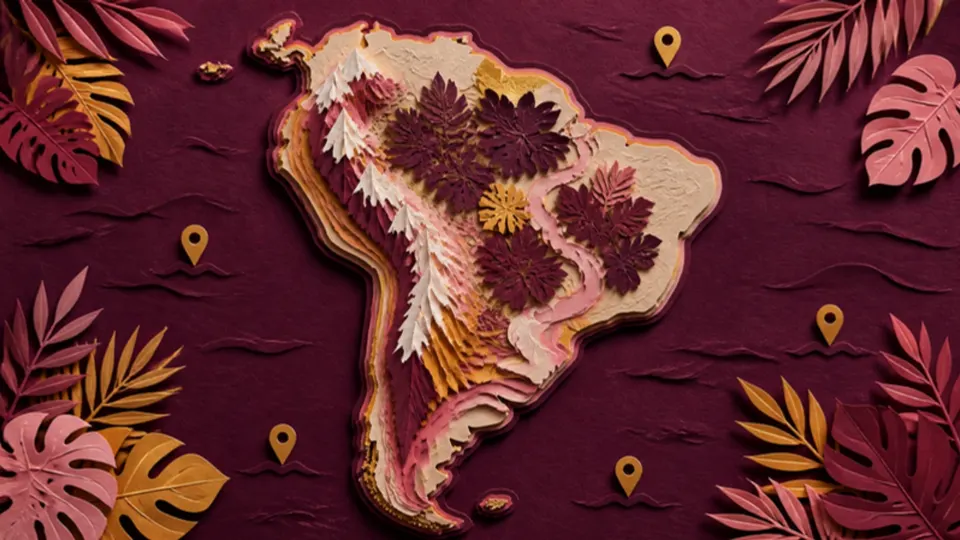 Paper-cut illustration of South America surrounded by tropical leaves and map pins
