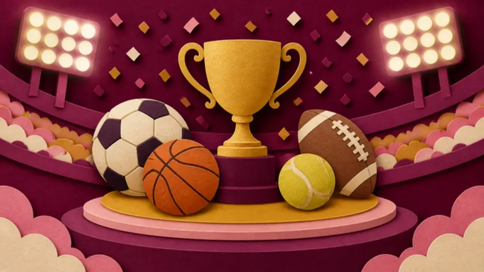 Paper-cut illustration of a gold trophy surrounded by sports balls under stadium floodlights
