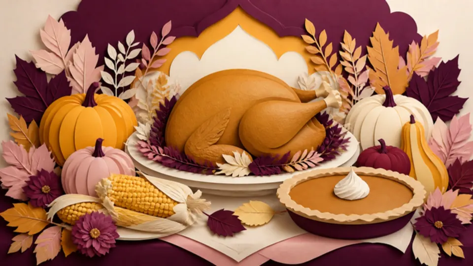 Paper-cut illustration of a roast turkey on a harvest table with pumpkin pie, corn, pumpkins and autumn leaves