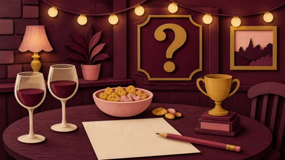 Paper-cut illustration of a quiz night table with wine glasses, snacks, an answer sheet and a trophy