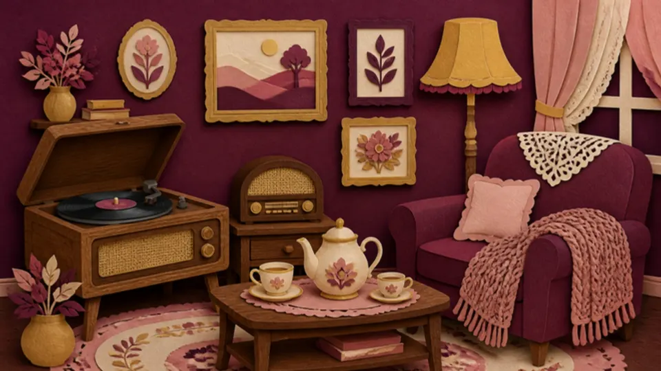 Paper-cut illustration of a cozy vintage living room with a record player, armchair and teapot