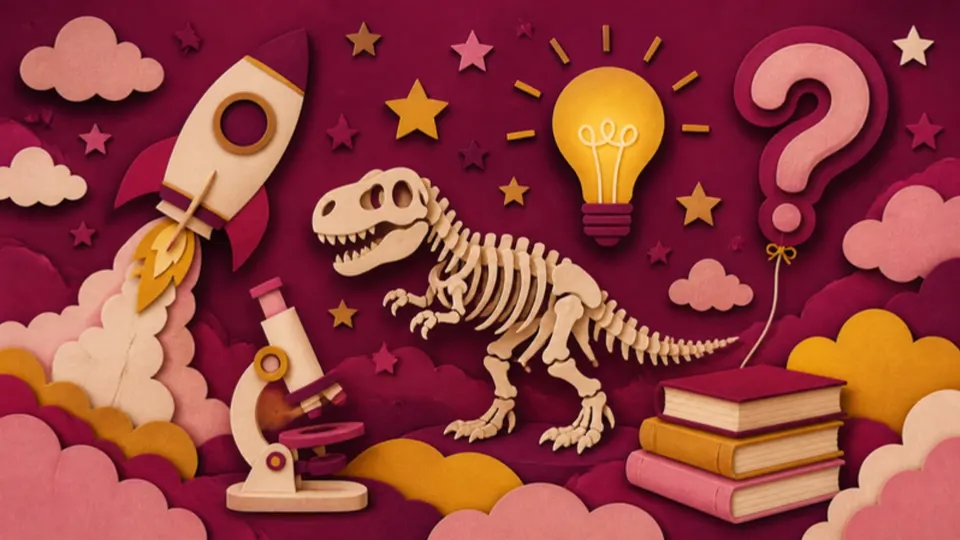 Paper-cut illustration of a rocket, a dinosaur skeleton, a light bulb, a microscope and a question-mark balloon