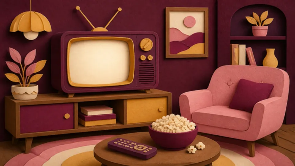 Paper-cut illustration of a retro television set in a cozy living room with popcorn and an armchair
