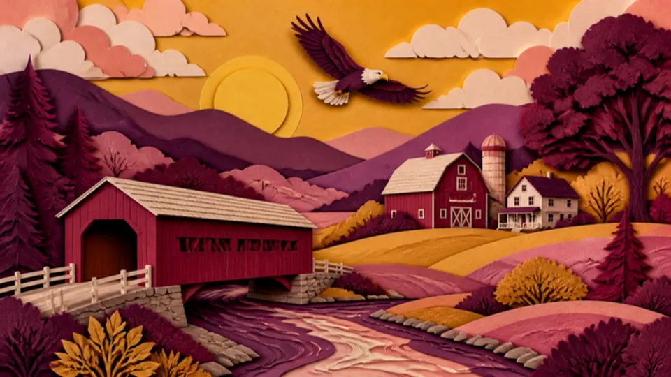 Paper-cut illustration of an American landscape with a covered bridge, red barn and soaring eagle