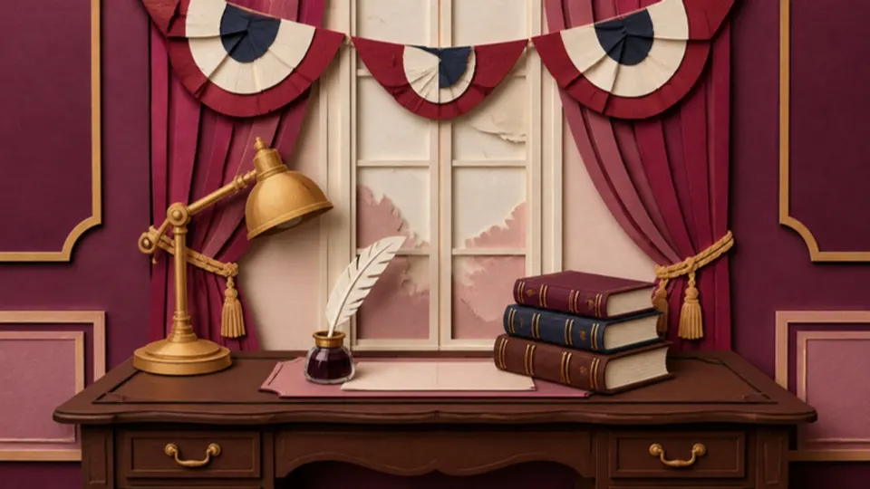 Paper-cut illustration of an antique desk with a quill pen, books and red, white and blue bunting