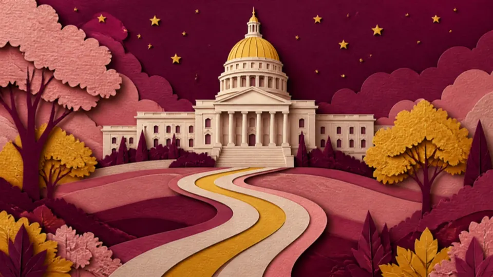 Paper-cut illustration of a domed capitol building on a hill at dusk