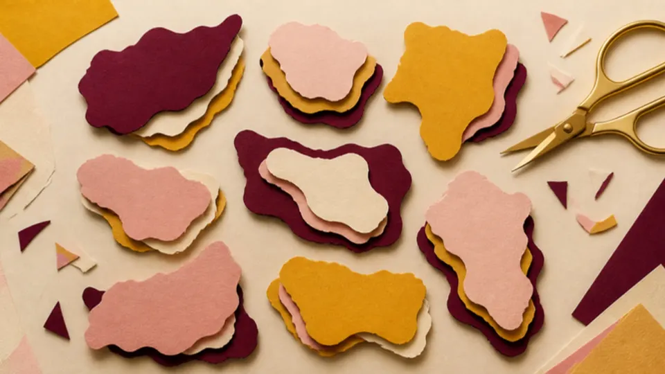 Paper-cut illustration of loose cut-paper puzzle shapes and gold scissors on a craft table