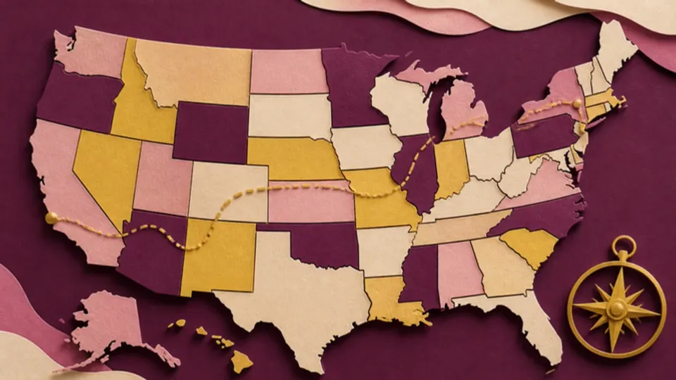 Paper-cut illustration of a map of the United States made of jigsaw-like pieces, with a compass