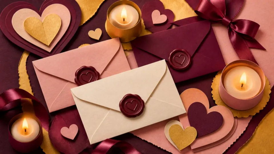 Paper-cut illustration of love letters with wax seals, paper hearts, ribbons and candles
