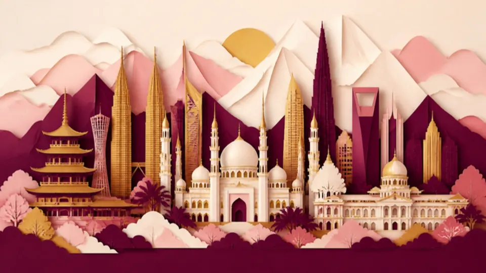 Paper-cut illustration of a skyline mixing skyscrapers, a mosque, a pagoda and mountains