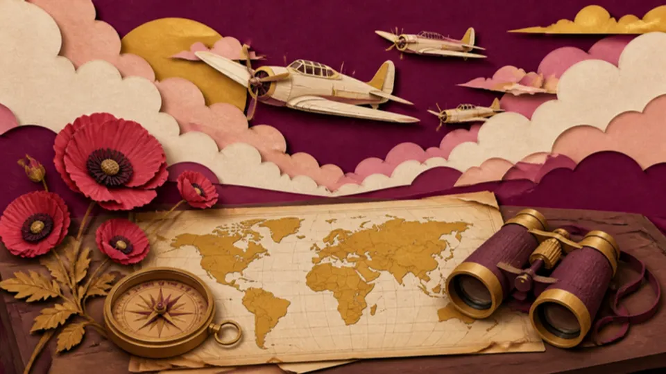 Paper-cut illustration of a vintage map, compass, binoculars and poppies with propeller planes above